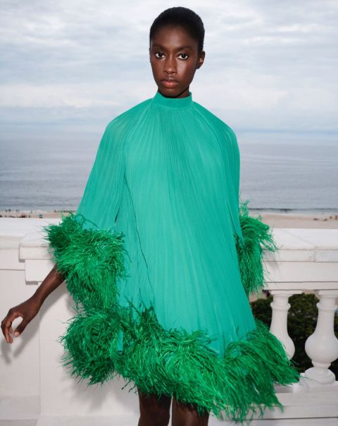 Pleated Feather Trim Mini Dress (Runway) Patbo Women Ergonomic Emerald Dresses & Jumpsuits