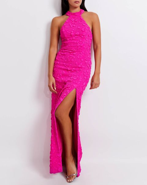 Stretch Jacquard High Neck Maxi Dress (Final Sale) Versatile Dresses & Jumpsuits Women Neon Pink Patbo