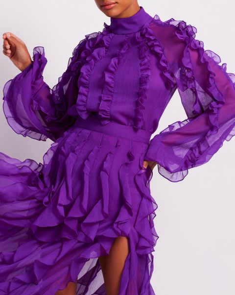 Patbo Women Purple Ruffle High Neck Blouse Professional Tops & Bodysuits