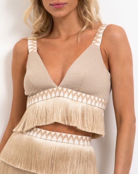 Tops & Bodysuits Sturdy Women Metallic Knit Cropped Top With Fringe Trim (Final Sale) Patbo Clay