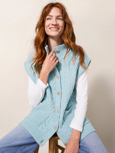 White Stuff Women Chestnut Cable Knit Pocket Poncho In Light Blue Jumpers And Cardigans