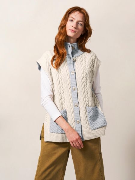 Chestnut Cable Knit Pocket Poncho In Natural Multi White Stuff Jumpers And Cardigans Women