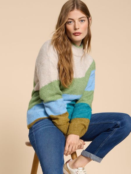 Women Jumpers And Cardigans White Stuff Daisy Colour Block Jumper  In Green Multi