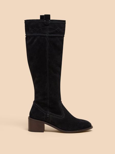 White Stuff Women Connie Suede Pull On Boot In Pure Black Heels